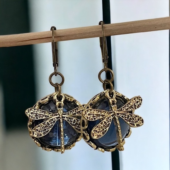Blue Glass Vintage Boho Dragonfly Drop Earrings New - Picture 1 of 6